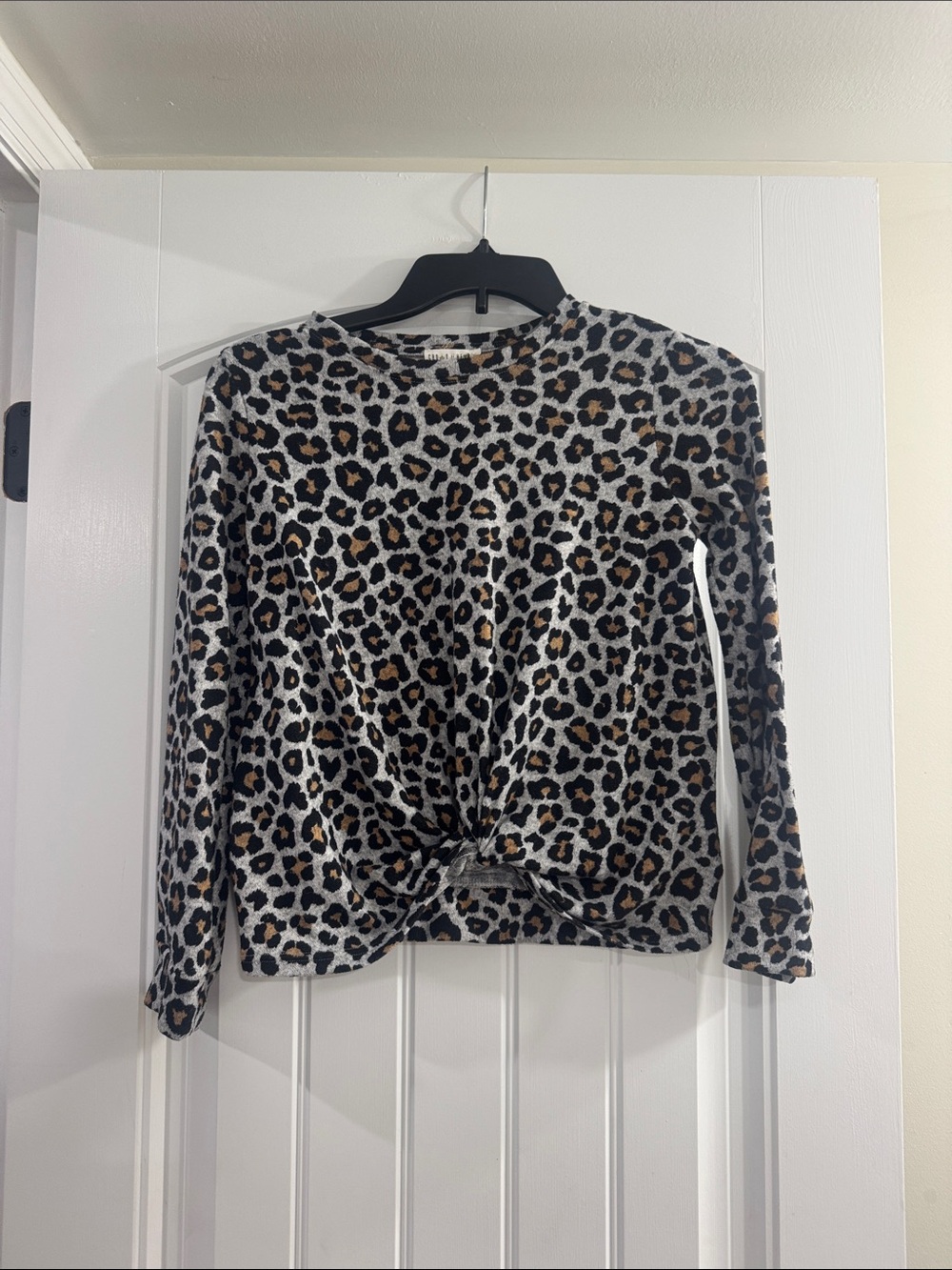 Crown of Hearts Girls Leopard Print Long Sleeve Twist-Front Top